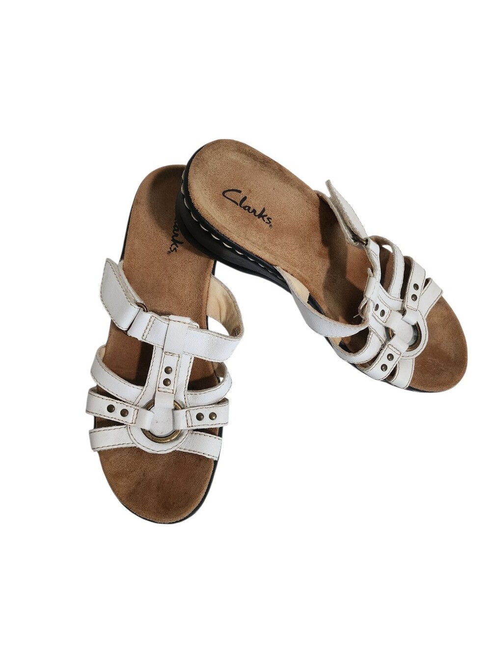 Clarks Hayla White Leather Multi-Strap Slip-On Wedge Sandals SZ 7 Med